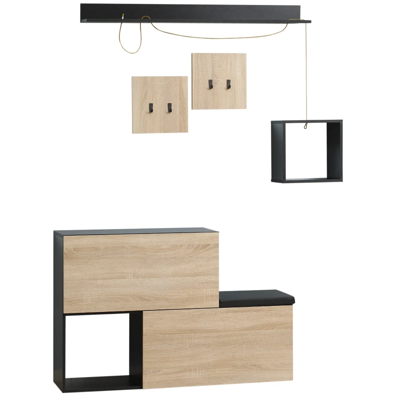HOMCOM 4-in-1 Garderobe inkl. Schuhbank und Wandregal 120 cm x 32 cm x 78 cm Schwarz + Natur