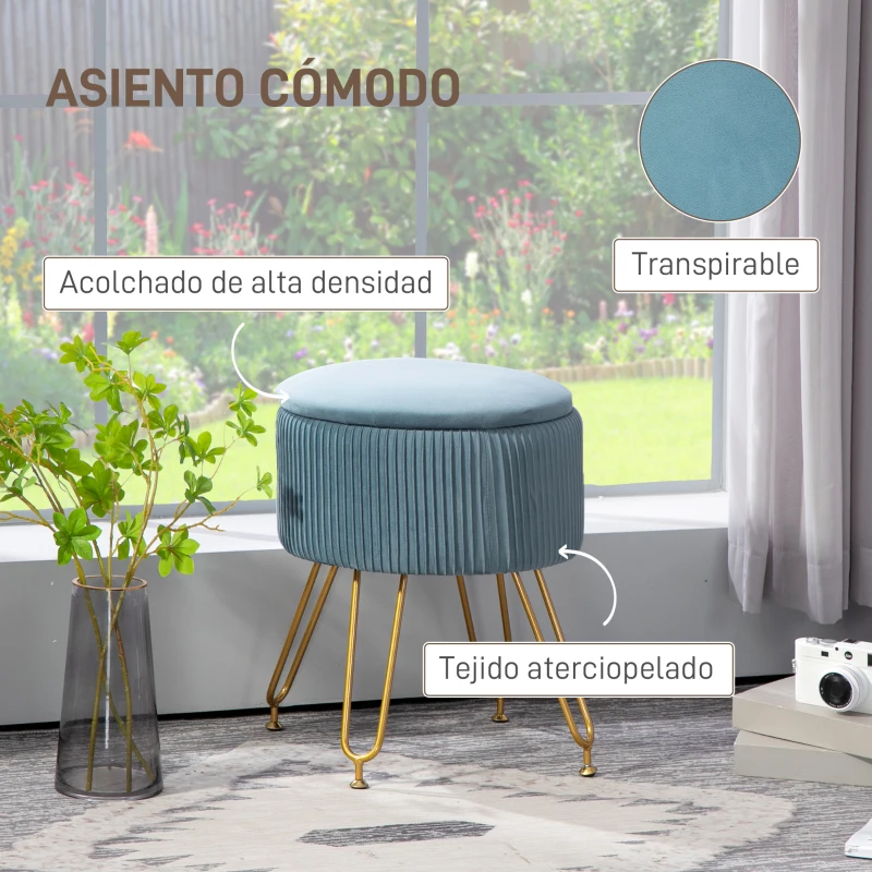 HOMCOM Puff Almacenaje Tapizado en Terciopelo Banco de Almacenaje con Patas de Acero Ø40x48 cm Azul Claro