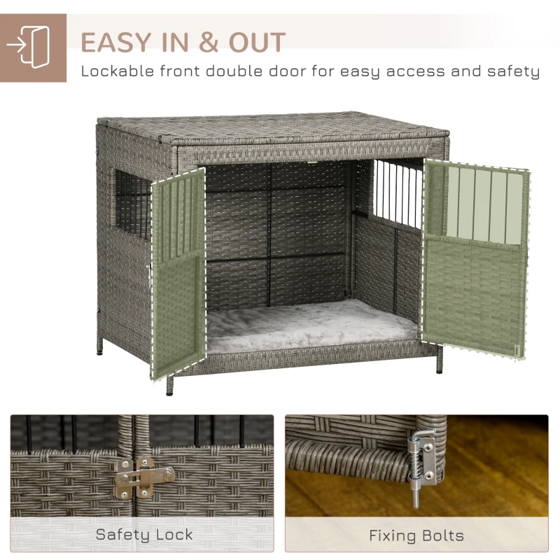 PawHut Wicker Dog Cage, Dog Crate with Lockable Door and Soft Washable Cushion for Medium to Large Sized Dogs, 85 x 61 x 70 cm, Grey