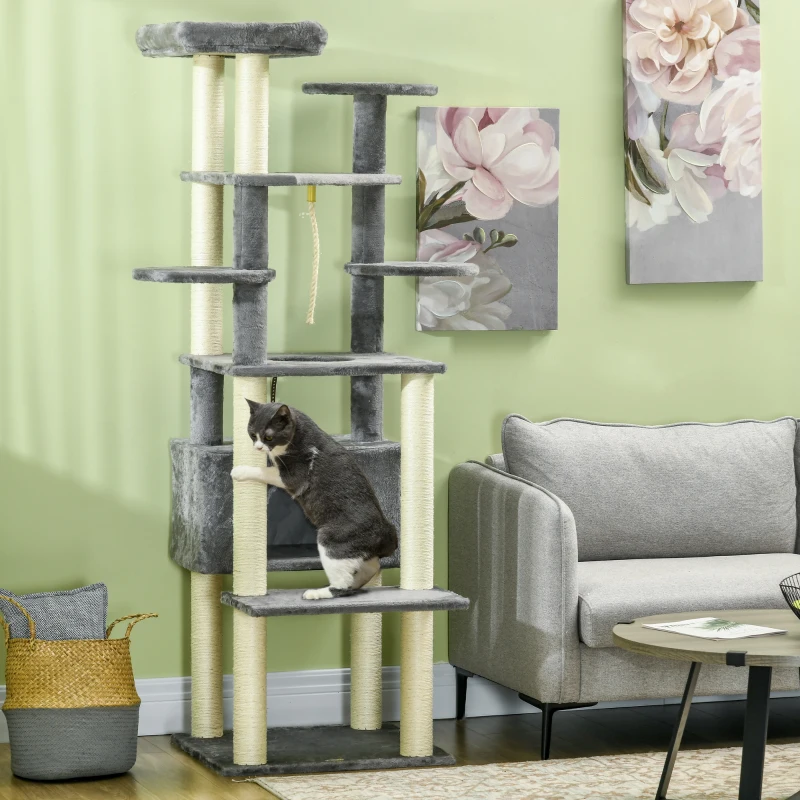 PawHut 184cm Cat Tree for Indoor Cats, Modern Cat Tower with Cat Bed, Perches, Scratching Posts, Cat House - Grey