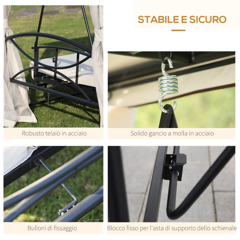 Outsunny Dondolo 3 Posti e Lettino Singolo Copertura a Gazebo con Zanzariera e Cuscini 256x172x248cm Crema