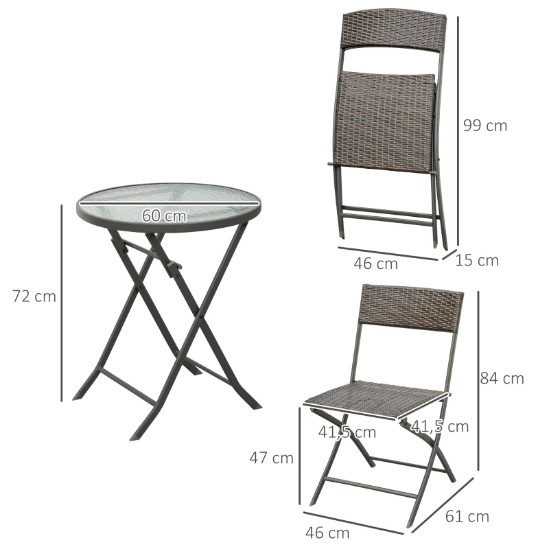 Outsunny Ensemble salon de jardin 2 places table ronde pliable plateau verre trempé chaises pliantes résine tressée chocolat