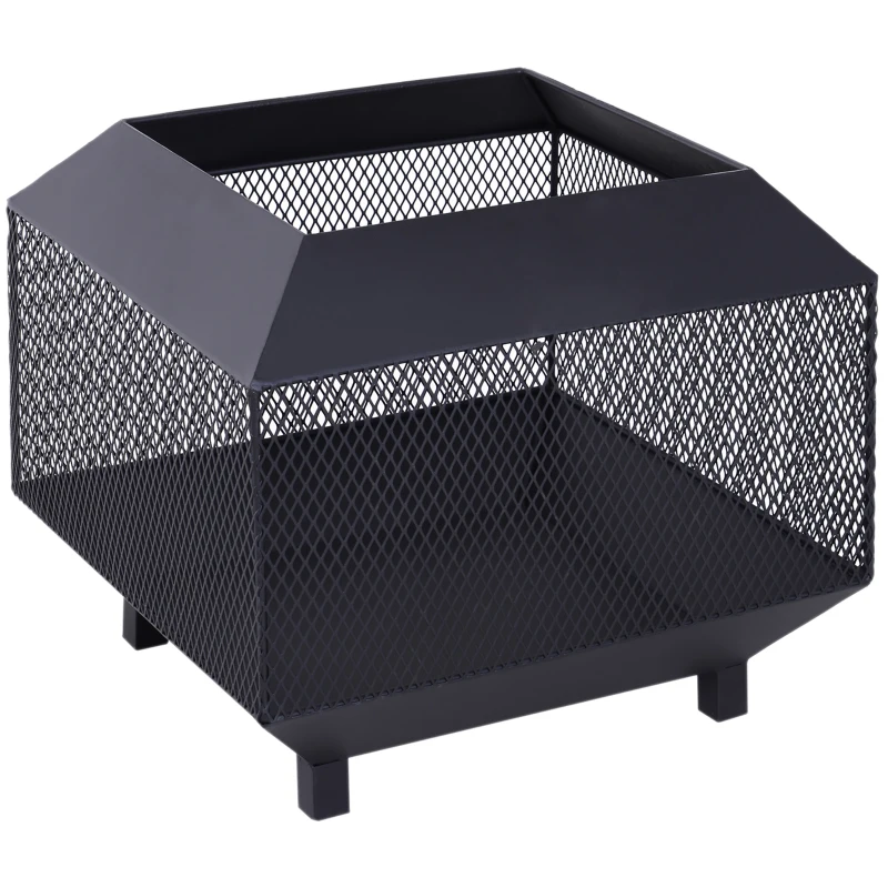 Outsunny Metal Square Fire Pit Outdoor Mesh Firepit Brazier w/ Lid, Log Grate, Poker for Backyard, Camping, Bonfire, Wood Burning Stove, 44 x 44 x 40cm, Black
