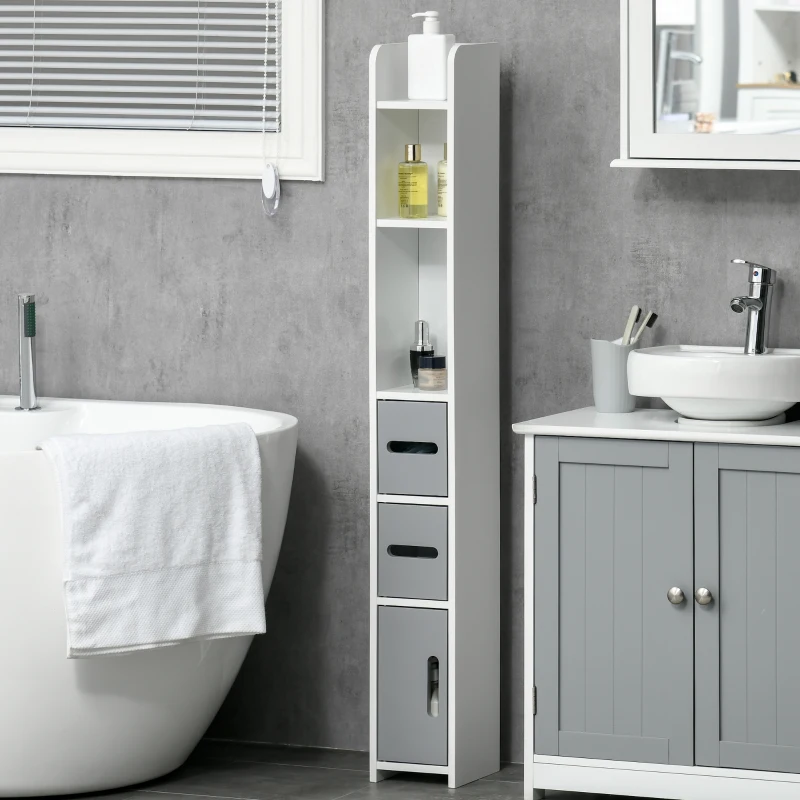 kleankin Columna Baño con 3 Puertas y 3 Estantes Mueble Auxiliar Alto de Estilo Moderno 15x17x120cm Blanco y Gris