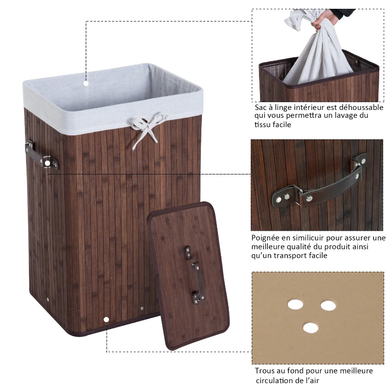 HOMCOM Panier à Linge en Bambou Brun Foncé