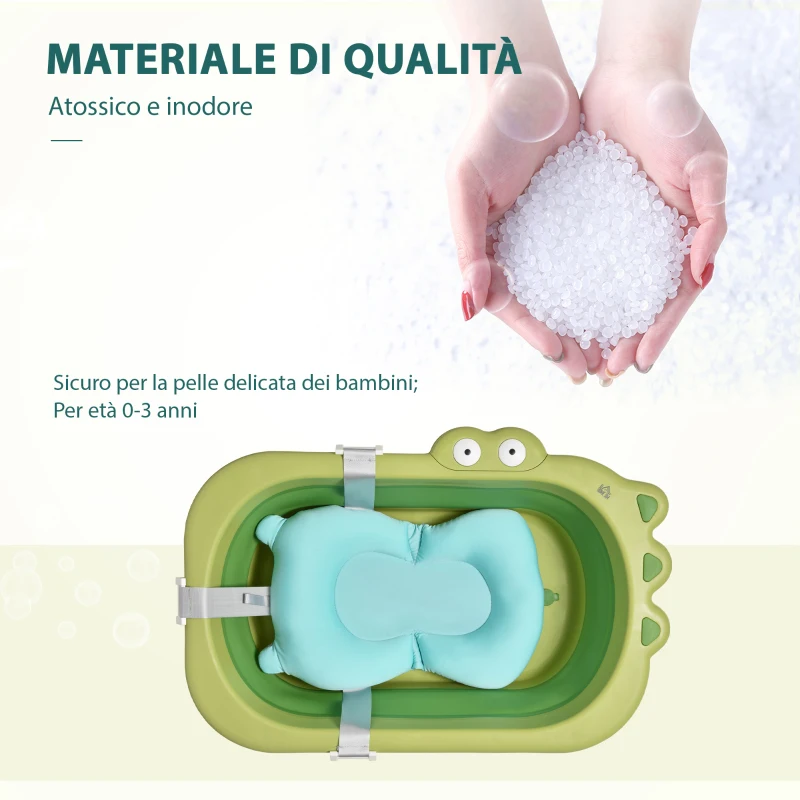 HOMCOM Vaschetta Bagnetto Pieghevole per Bambini 0-3 Anni con Cuscino Regolabile Azzurro e Piedini Antiscivolo, 80x53.9x20.8cm Verde
