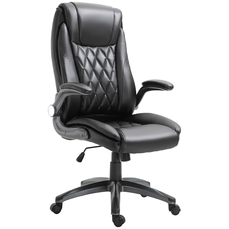 Vinsetto Bürostuhl Ergonomischer Drehstuhl Computerstuhl mit Wippfunktion höhenverstellbar mit Kopfstütze und gepolsterte Armlehnen Kunstleder Schwarz 69,5 x 76 x 113–121 cm