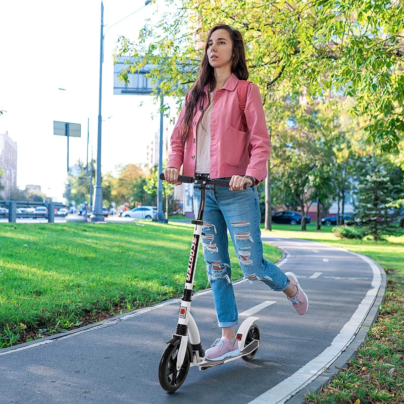 HOMCOM Foldable Kick Scooter with Double Shock Absorption and Big Wheels, Height Adjustable Aluminium Frame Big Wheel Scooter for 14+ Teens Adult - White