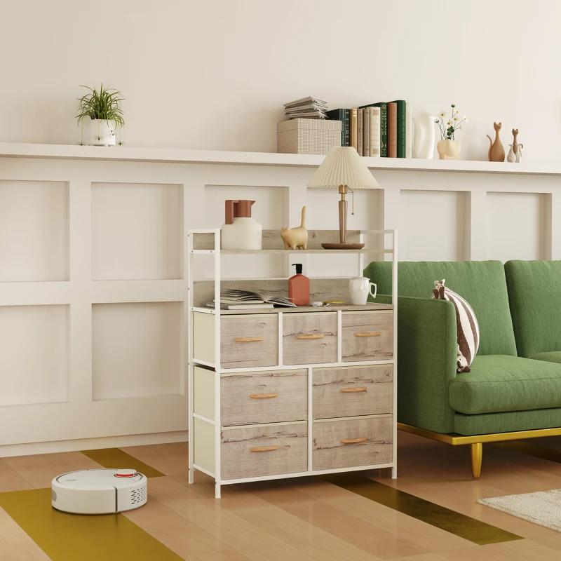 HOMCOM Rustic Chest of Seven Fabric Drawers - Natural Wood Finish