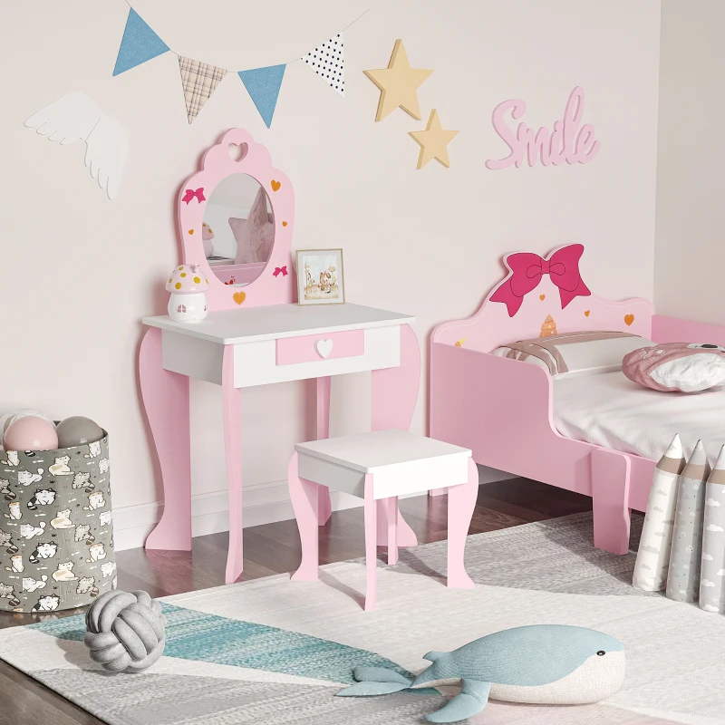 ZONEKIZ Tocador de Madera Infantil con Taburete y Espejo Centro de Belleza con 1 Cajón para 3-6 Años 50x36,5x89,5cm Rosa