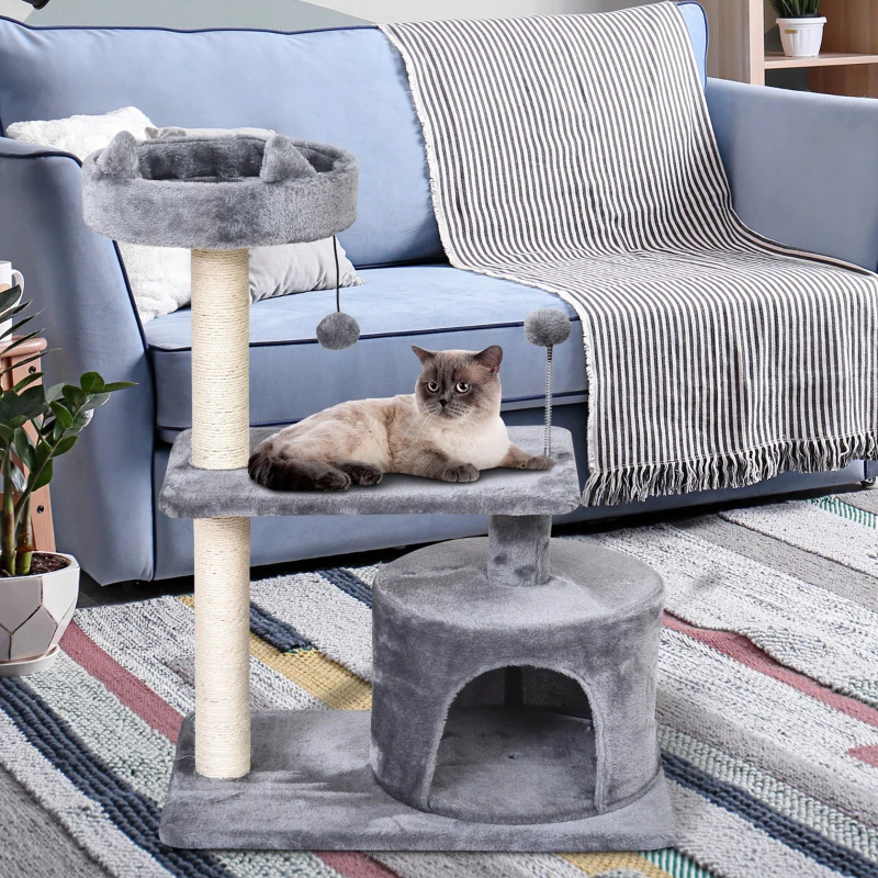 PawHut Katzenbaum mit Hängebett, 3-Stock Kratzbaum, Katzenhöhle, Katzenhaus mit Spielbällen, mit Sisalsäule und Kratzbrett, Plüsch Grau 60 x 40 x 81 cm