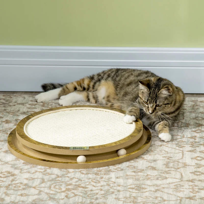 PawHut Kratzbrett inkl. Spielzeug, Kratzmatte, Katzenspielzeug, 40 cm x 40 cm x 4,5 cm, Natur