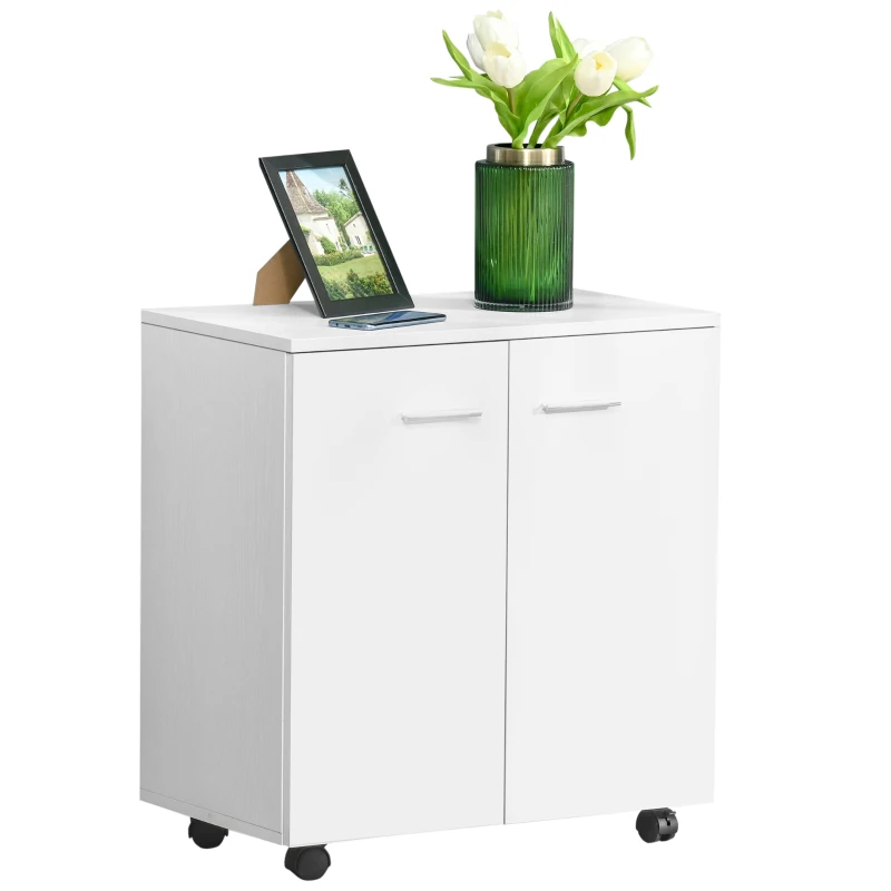 HOMCOM Mobile Kommode Sideboard Küchenschrank Anrichte 2-türig mit vier Rollen Weiß 60 x 35 x 65 cm