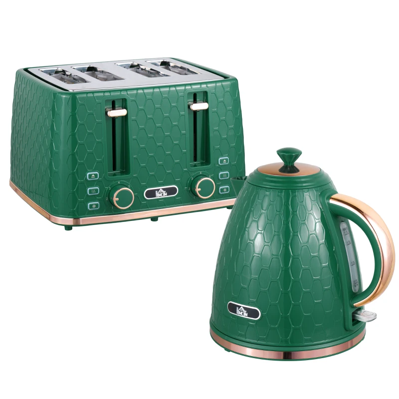 HOMCOM Kettle and Toaster Set, 1.7L 3000W Fast Boil Jug Kettle with Auto Shut Off, 4 Slice Toaster with 7 Level Browning Controls & Crumb Tray, UK Otter Thermostat, Green