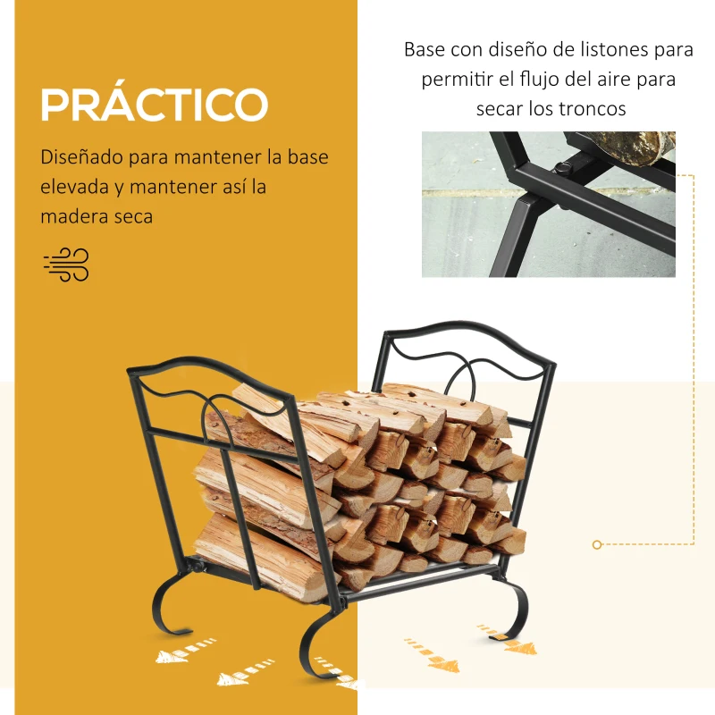Outsunny Estante para Leña Metálico 47x30x38 cm Leñero Exterior e Interior Vintage Soporte para Leña con Rejilla y Base Elevada Carga Máx. 40 kg Negro