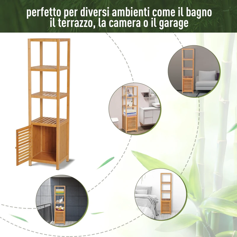 HOMCOM Mobile Alto Bagno/Terrazzo, Scaffale a Torre in Bambù 4 Ripiani + Armadietto con Anta, 36x33x140cm, Color Legno