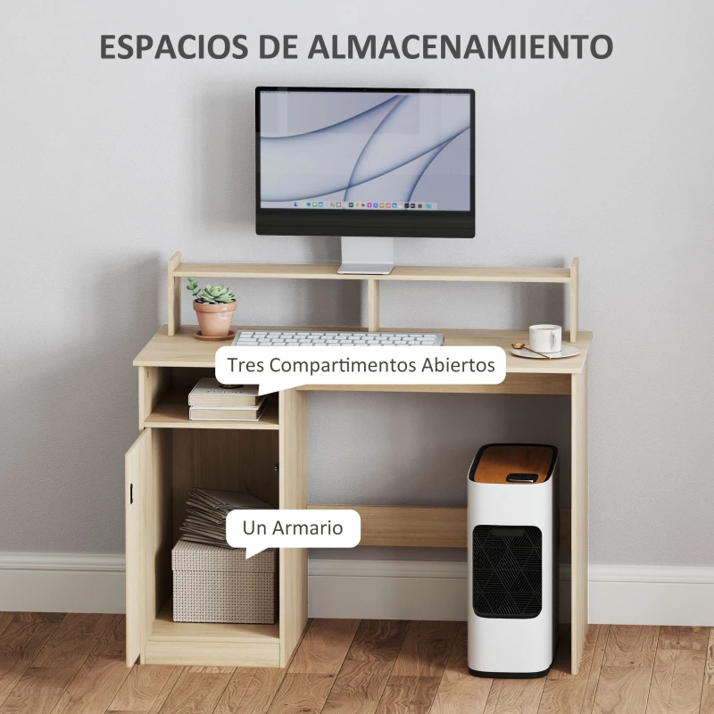HOMCOM Escritorio con Estantería Moderno Escritorio con Compartimentos Abiertos Soporte para Monitor 108x50x94 cm Natural