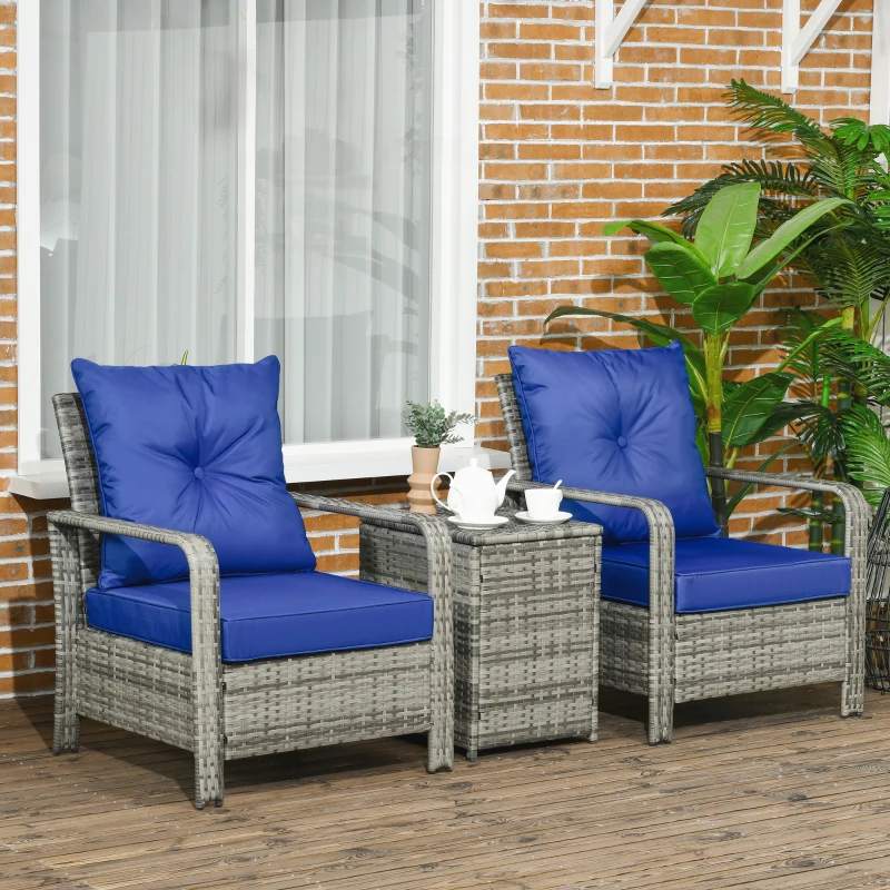 Outsunny 3 Pieces Rattan Bistro Set, Wicker Garden Furniture Set with Storage Coffee Table and Chairs, Thickened Cushions for Outdoor, Patio, Balcony, Blue