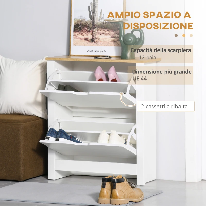 HOMCOM Scarpiera Moderna per 12 Paia Max con 2 Cassetti Regolabili e Rimovibili, in Legno, 72x26x80 cm, Bianco