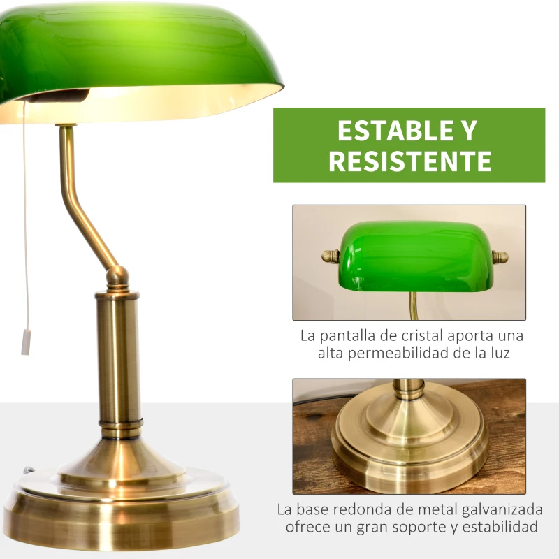 HOMCOM Lámpara de Mesa Tipo Banquero con Interruptor de Cuerda y Pantalla de Cristal Bombilla Requerida E27 de Máx. 40W Metal para Dormitorio Sala de Estar 27,5x17,5x39 cm Verde