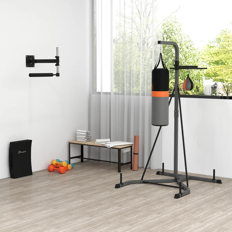 HOMCOM Saco de Boxeo Colgante con Bola de Velocidad Ajustable en Altura de 167-187 cm  e Inflador 115x157x221 cm Negro y Gris