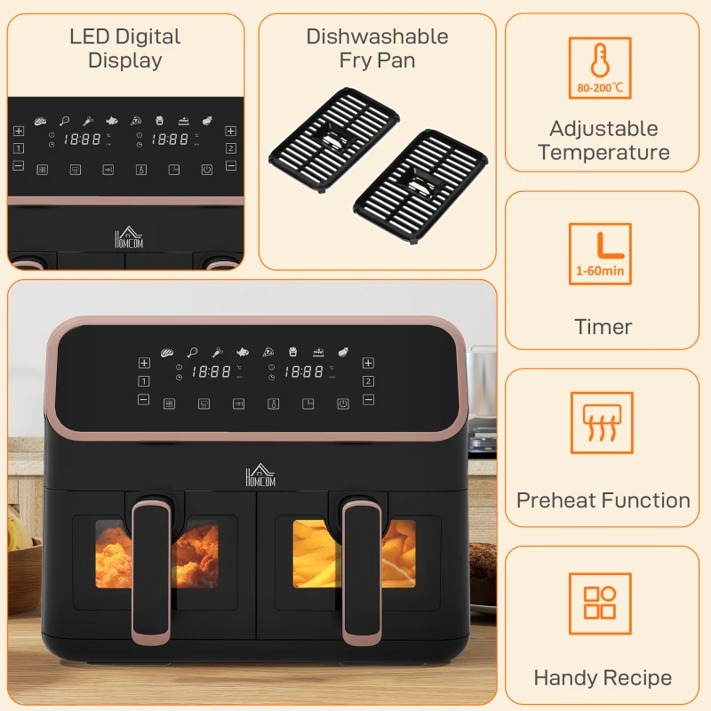 HOMCOM 8L Dual Basket Air Fryer, 80-200℃, with Sync Function - Black/Gold Tone