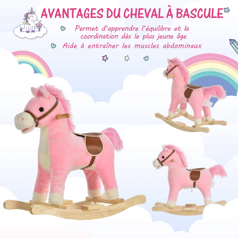 HOMCOM Cheval à Bascule Selle Grand Confort Peluche Courte Douce Bois peuplier Rose dim. 65L x 32,5l x 61H cm(m-6)