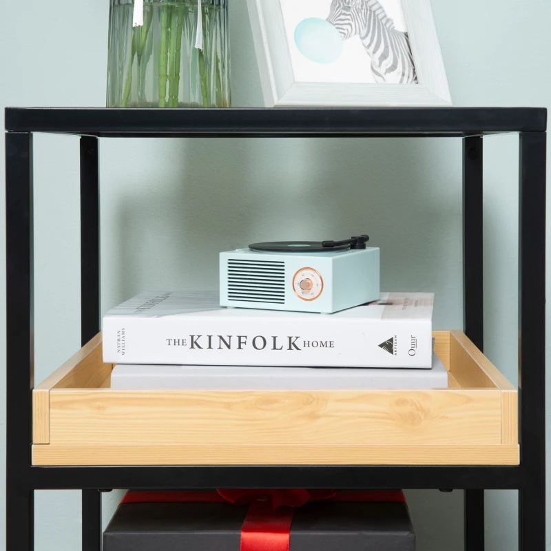 HOMCOM Mesa Auxiliar de 3 Niveles Mesita de Noche Estilo Moderno con Encimera de Cristal Estantes de Madera y de Acero para Dormitorio Salón 40x40x55 cm Negro