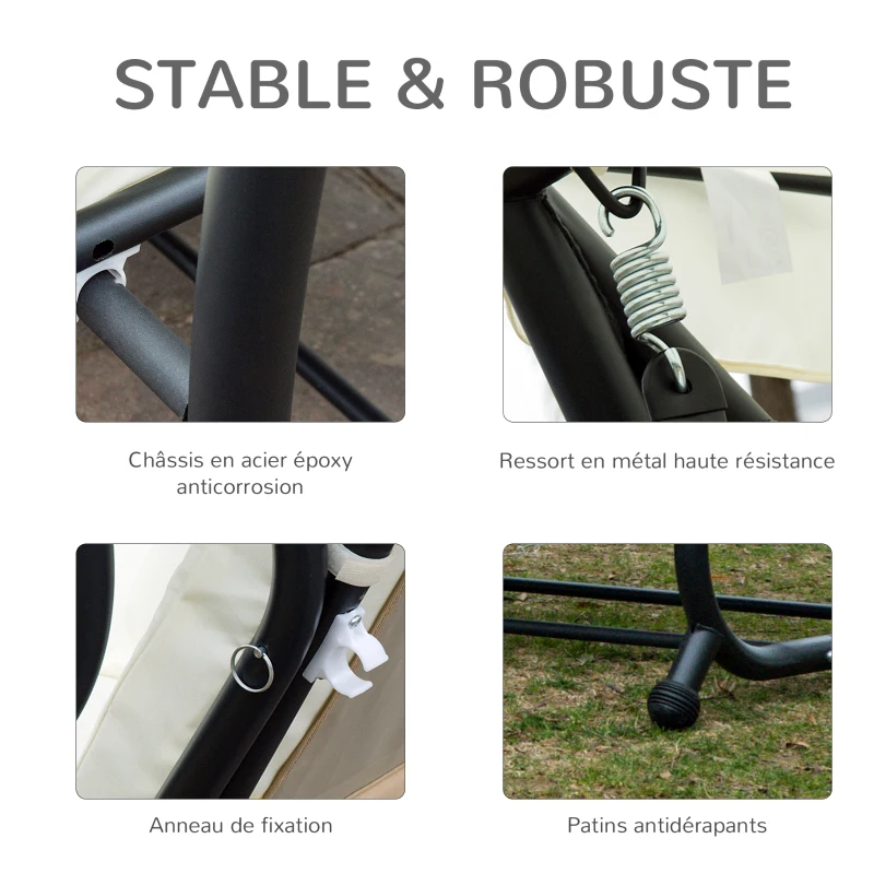 Outsunny Balancelle de Jardin 3 Places Convertible Toit Inclinaison réglable 2 tablettes Support 2L x 1,2l x 1,64H m métal époxy Noir Polyester crème