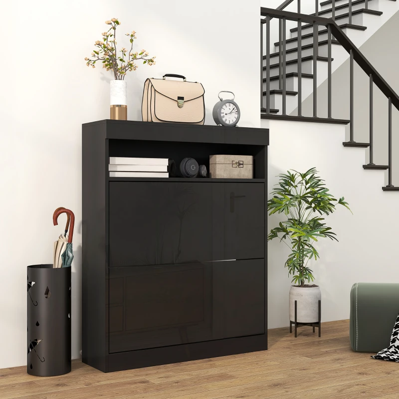 HOMCOM 16 Shoe Pair Storage Cabinet, with Flip Doors - High Gloss Black