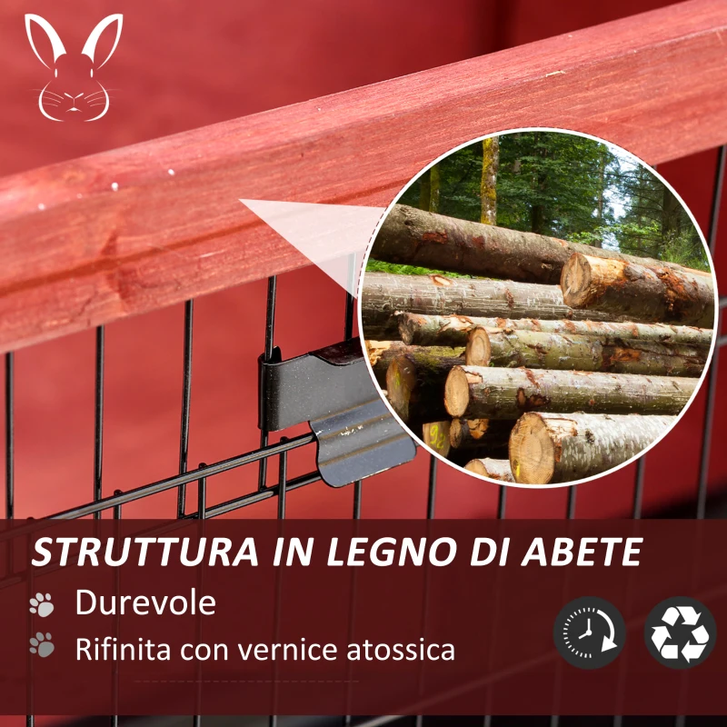 PawHut Conigliera da Esterno in Legno, Gabbia per Conigli, Porcellini d'India e Roditori Impermeabile 136.4x50x93cm Marrone