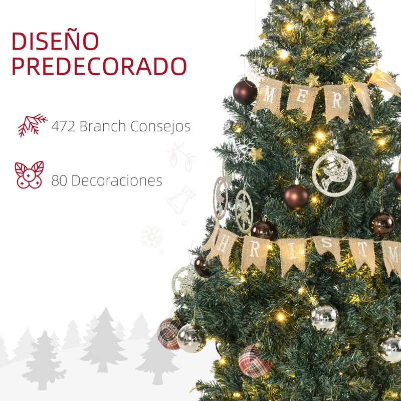 HOMCOM Árbol de Navidad Artificial de 1,5m 472 Ramas con 100 Luces LED y 80 Decoraciones Incluidas Ø91x150 cm Verde