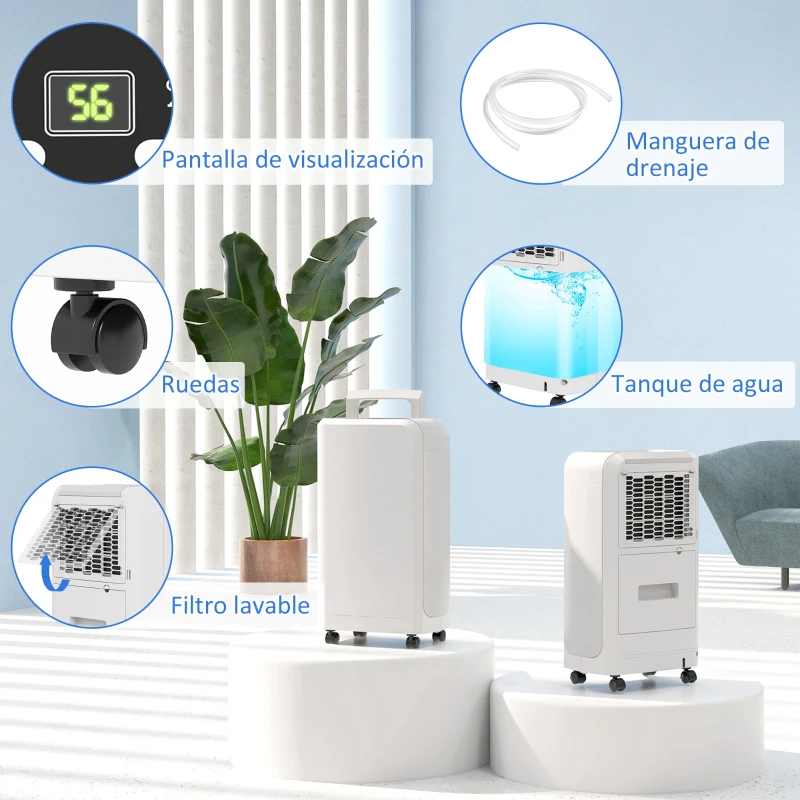 HOMCOM Deshumidificador 12L/día Depósito de Agua 2,5L con Ruedas Temporizador de 24 Horas Pantalla Digital de Humedad Blanco