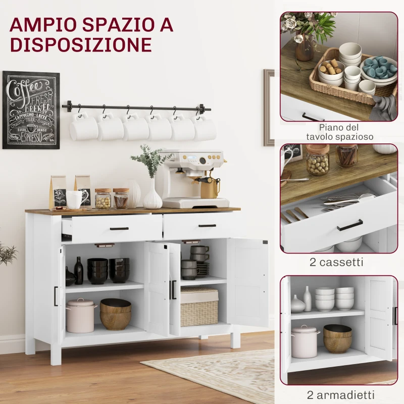 HOMCOM Credenza da Cucina con 2 Cassetti e 2 Armadietti Stile Rustico con Mensole Regolabili, Bianco