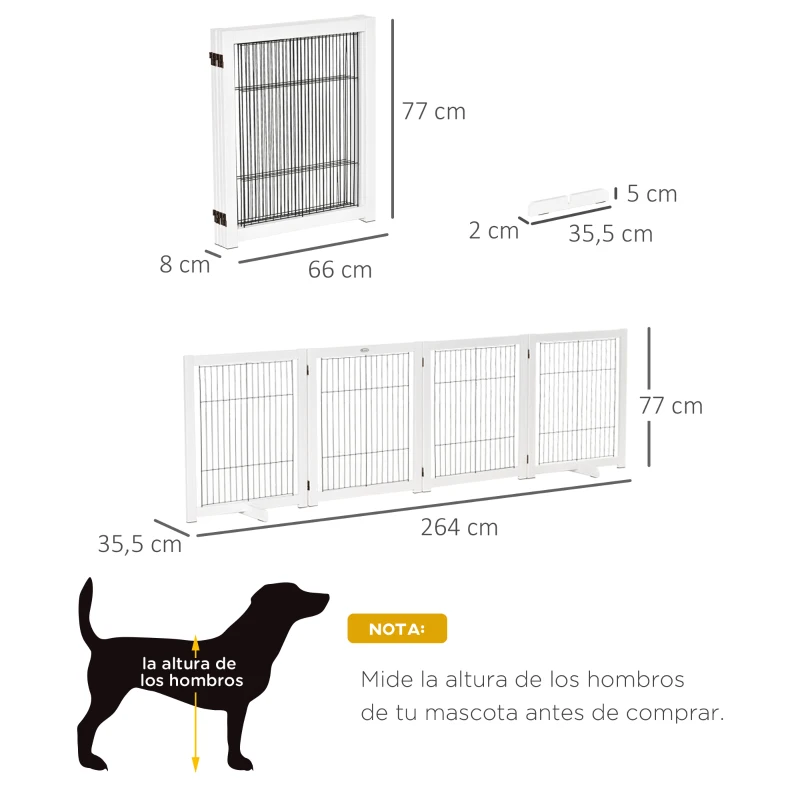 PawHut Barrera de Seguridad para Perros Plegable 264x77 cm de 4 Paneles con Patas y Marco de Madera para Puertas Escaleras