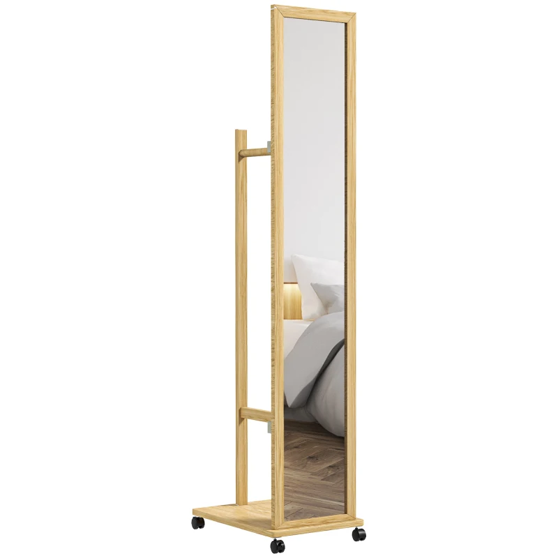 HOMCOM Miroir sur pied avec roulettes et multi-rangements 1 tringle portant 1 étagère inférieure en bois coloris naturel