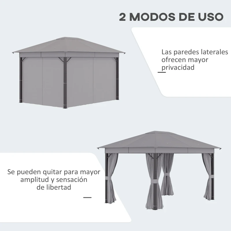 Outsunny Cenador de Jardín 4x3 m Pabellón con Techo de Ventilación 4 Cortinas Laterales con Puerta y 8 Orificio de Drenaje Gazebo de Aluminio para Exterior Patio Fiestas Gris