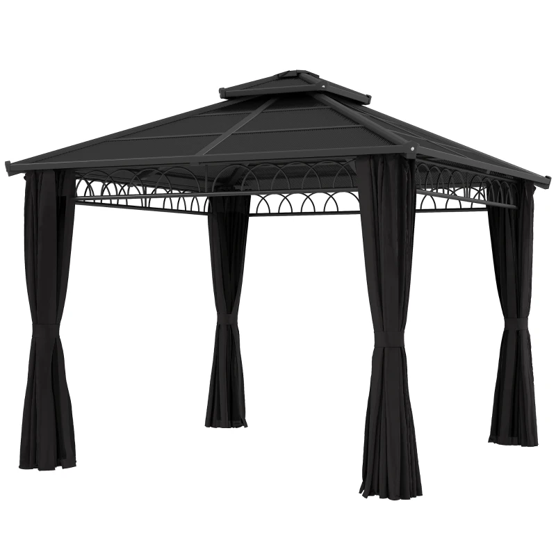 Outsunny 3 x 3 (m) Outdoor Polycarbonate Gazebo, Double Roof Hard Top Gazebo with Galvanised Steel Frame, Nettings & Curtains for Garden, Lawn, Patio and Deck, Dark Grey