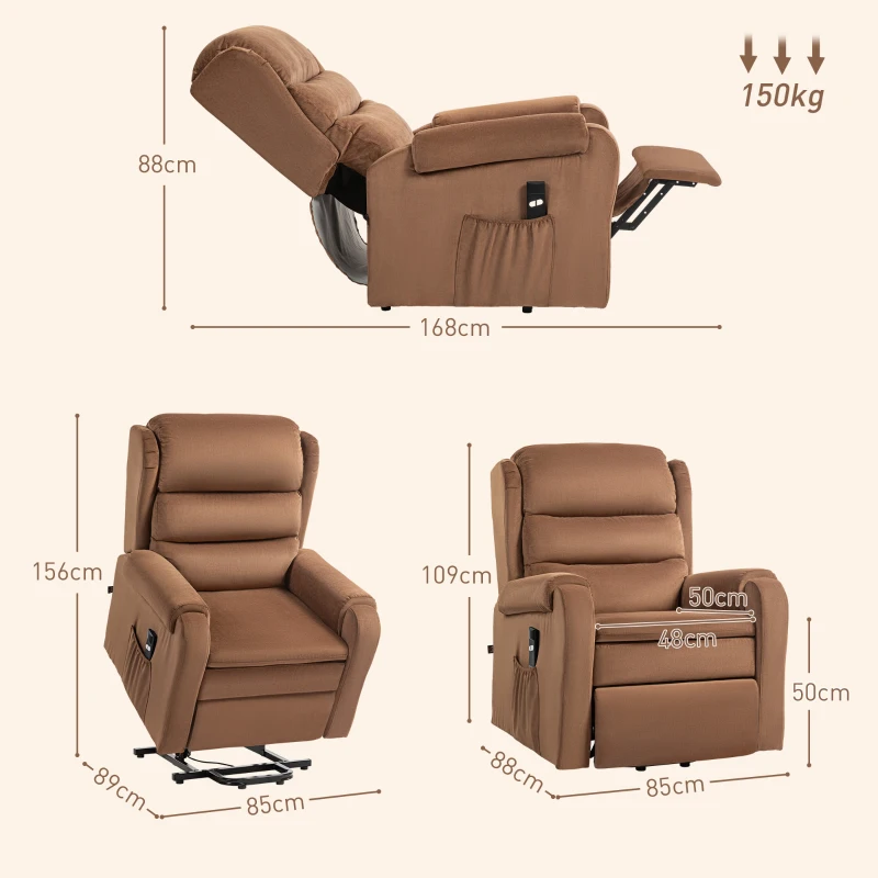 HOMCOM Poltrona Alzapersona Reclinabile a 160° con Poggiapiedi e Telecomando, in Velluto, 85x88x109 cm, Marrone
