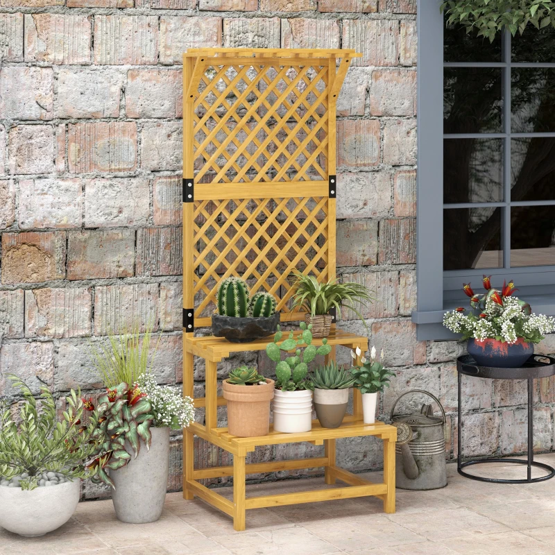 Outsunny Pflanzenständer, Blumenregal, 2 Etagen, mit Spalier & Dach, Tannenholz, 60x50x166cm, Gelb(m-6)