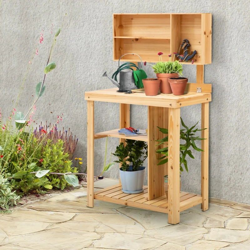 Outsunny Pflanztisch Gartenarbeitstisch für Garten Balkon und Terrasse, Gartentisch mit Ablage, Blumenregal Blumenständer aus Tannenholz, 80 x 43 x 136,5 cm, Natur