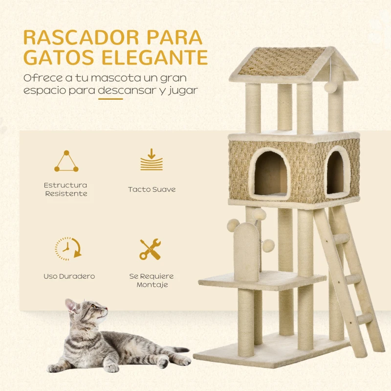 PawHut Árbol Rascador para Gatos Grande Altura 131 cm con Cueva de Algas Postes de Sisal Natural Plataformas Bola Colgante y Molino de Viento de Juguete 69x40x131 cm Beige
