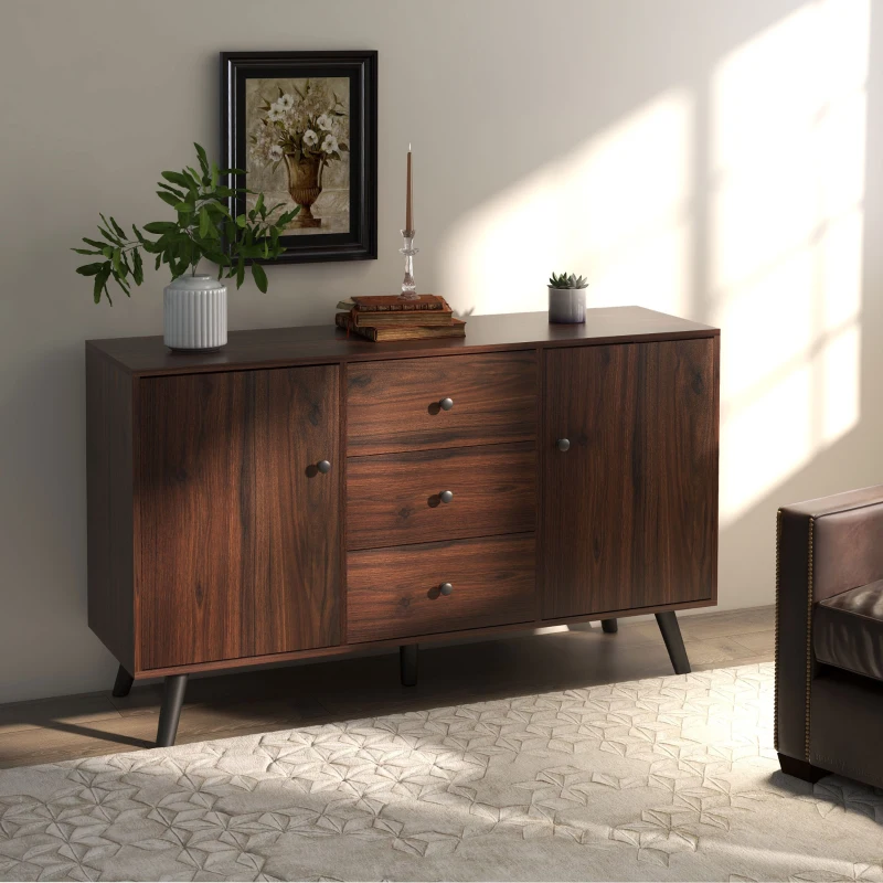 HOMCOM Credenza Moderna in Legno e Truciolato con 2 Armadietti e 3 Cassetti, 127x40x76 cm, Marrone e Nero