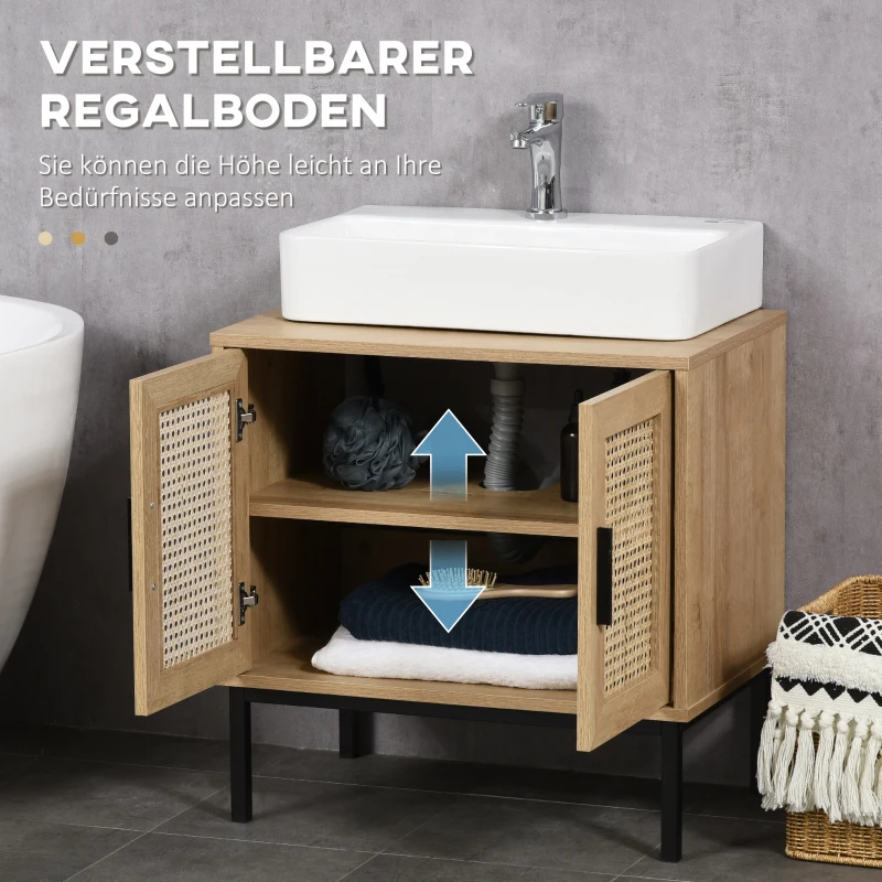 kleankin Badezimmerunterschrank, im Boho-Design, Badezimmerschrank, Rattan-Elemente, mit U-Ausschnitt, Natur