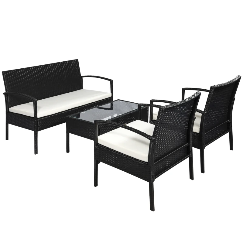 Outsunny 4 Pieces Rattan Garden Furniture Set, 4 Seater Garden Sofa Set with Loveseat, Armchairs and Glass Top Table, Wicker Conservatory Furniture with Cushions for Patio, Balcony, Black