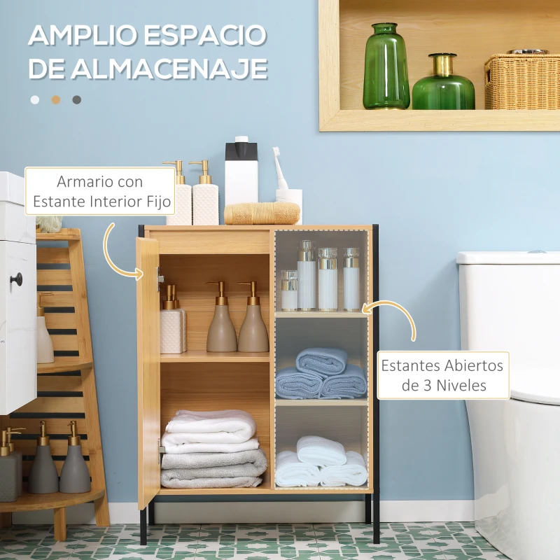 kleankin Armario Auxiliar de Baño con 1 Puerta y 3 Estantes Abiertos Mueble de Estilo Industrial 60x28x80 cm Roble