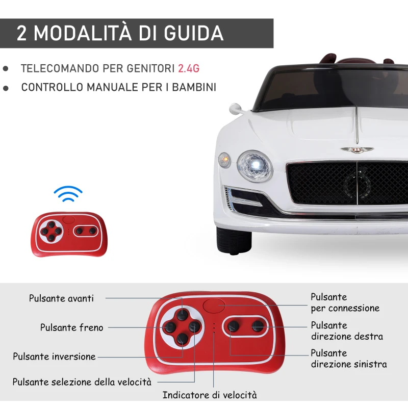 HOMCOM Macchina Elettrica per Bambini Bentley GT 6V, con Doppi Motori, Auto Elettrica per Bambini con Telecomando, Clacson, Suoni, Fari e 2 Portiere Apribili, 2.5-5 km/h, per 3-5 Anni, Bianco