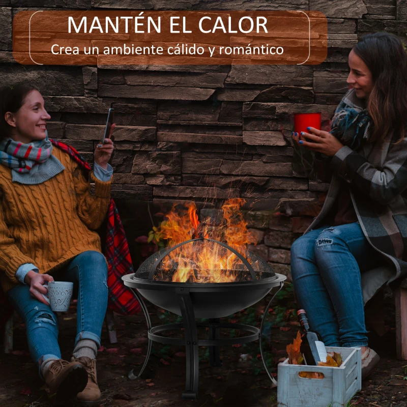 Outsunny Brasero Exterior de Metal Ø56 cm Cuenco de Fuego de Jardín con Tapa Protectora contra Chispas y Atizador para Hogueras Leñas Terraza Camping Fiestas Negro