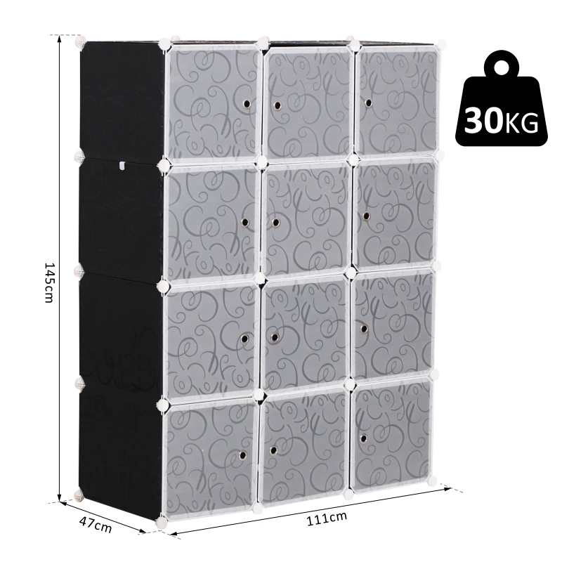 HOMCOM Garde robe armoire à vêtements L 111 x l 47 x H 145 cm modulable 12 cubes noir et blanc