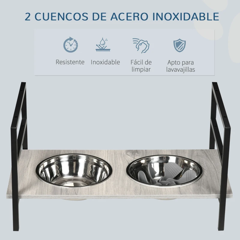 PawHut Comedero Elevado para Perros con Altura Ajustable 2 Cuencos Tapete y Alimentador Lento 60x33x10-31,5 cm Gris